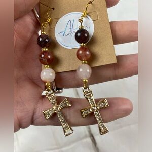 Gold Cross Bead Earrings in Fire Quartz